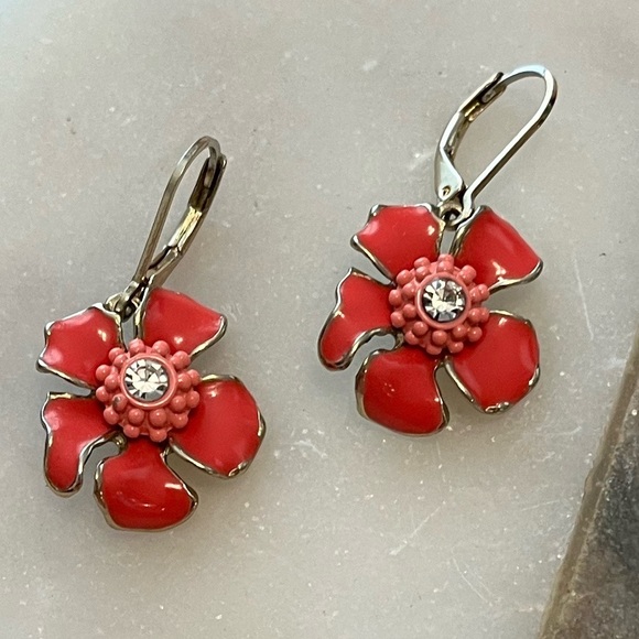 Coral Orange Enamel Floral Drop Earrings Gold Tone - Picture 5 of 12
